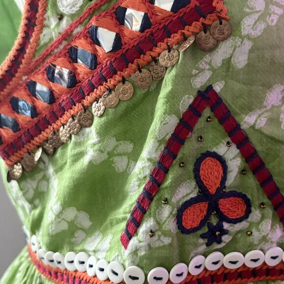 Indigo Moon Green Mirror Embroidered Festival Boho Top Medium Sleeveless Cotton - Picture 7 of 13